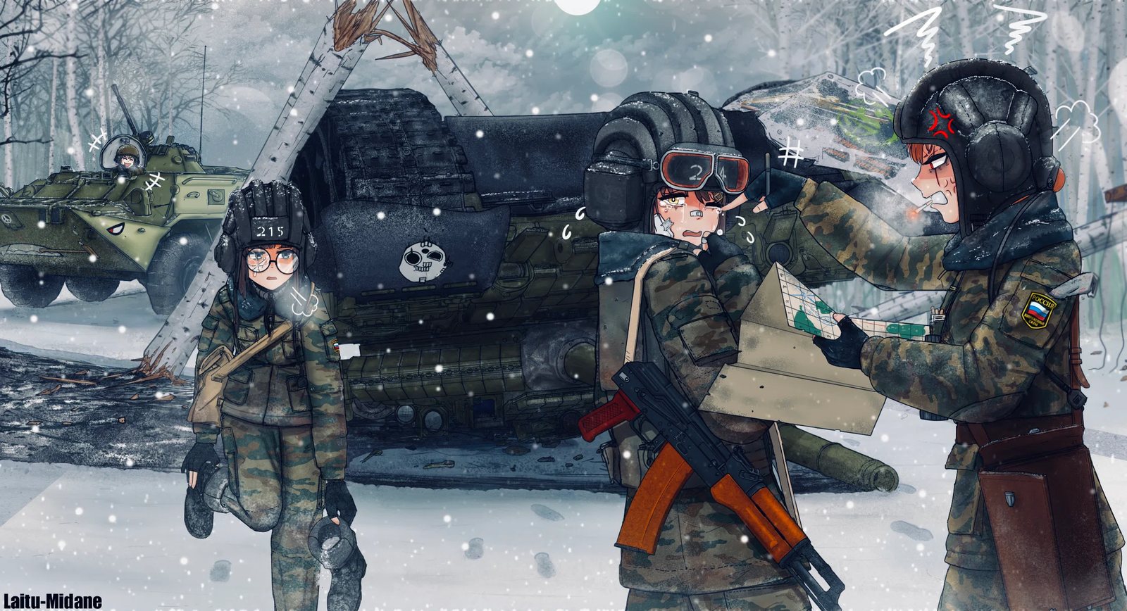 雪地中三名少女与 BTR 装甲车、坦克残骸
