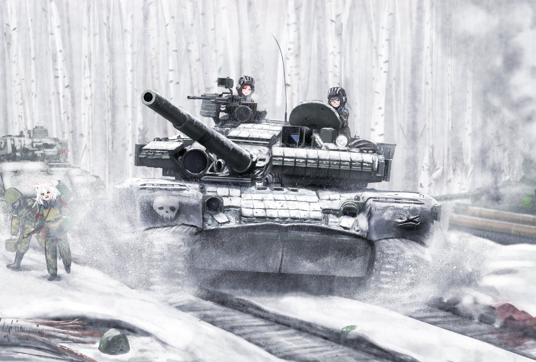 雪林中行驶的 T-80BV 坦克，炮塔上坐着两名穿冬装的乘员